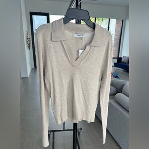 Mango Light Beige V-Neck Long Sleeve Top